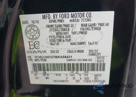 2011 Ford Escape Xlt Automatic из США, поврежденный, VIN 1FMCU9DG7BKA58431